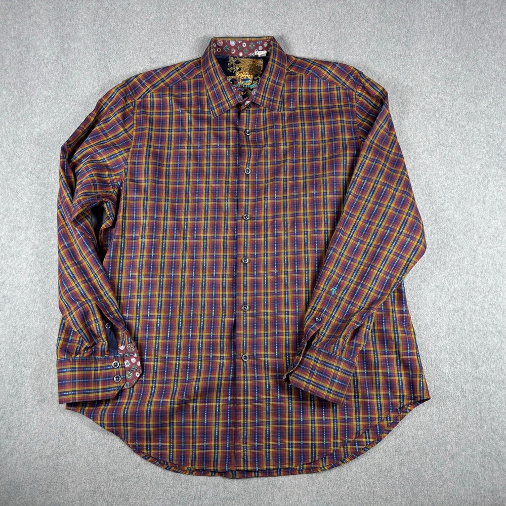 Robert Graham Flip Cuff Shirt Mens L Red Blue Plaid Cotton Long Sleeve - Picture 2 of 9